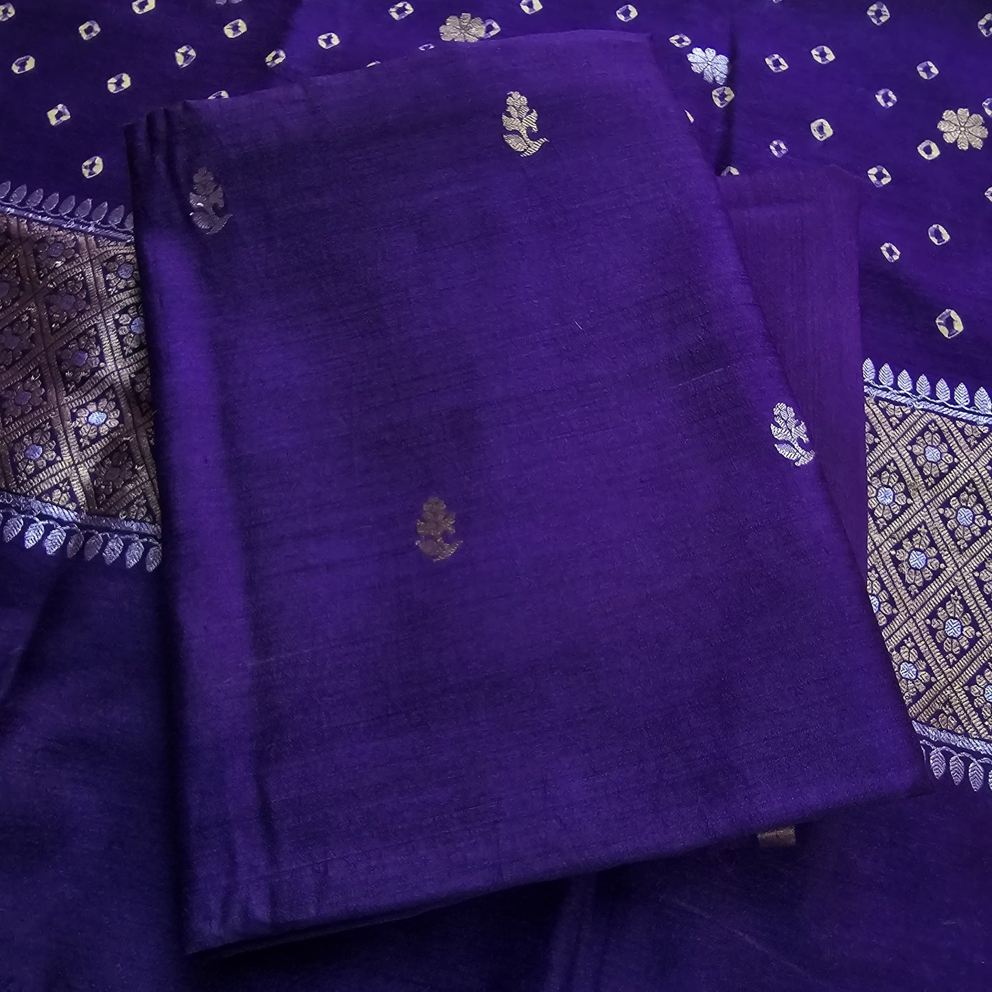 Purple moonga silk suit with bandhani moonga dupatta, moonga bottom.