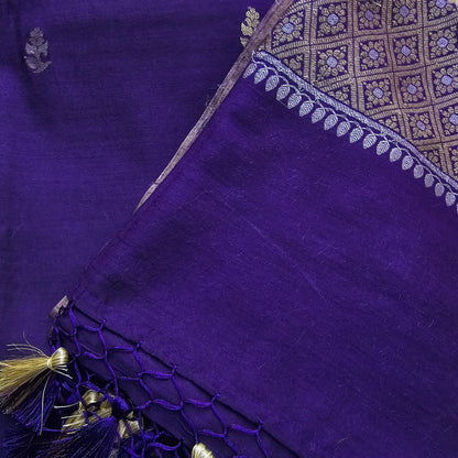 Purple moonga silk suit with bandhani moonga dupatta, moonga bottom.