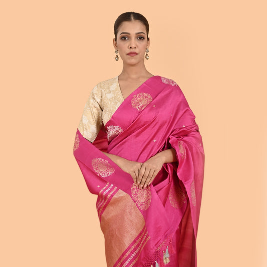 Pink mango silk kadhwa saree