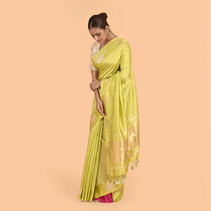 Lime green mango silk kadhwa saree