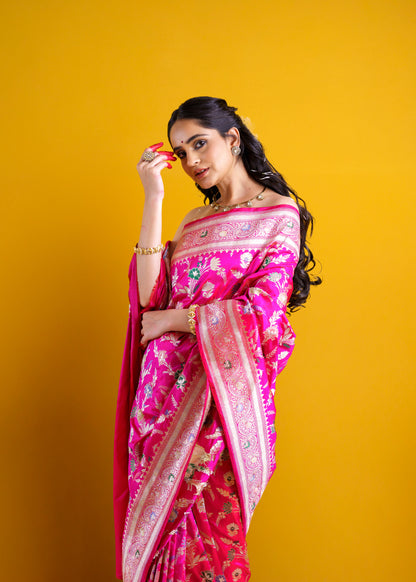 Pink Katan silk Meendar Kadhwa Weave Saree