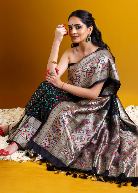 Black Banarasi Silk  with Paithani weaving border and jaal weaving all over saree