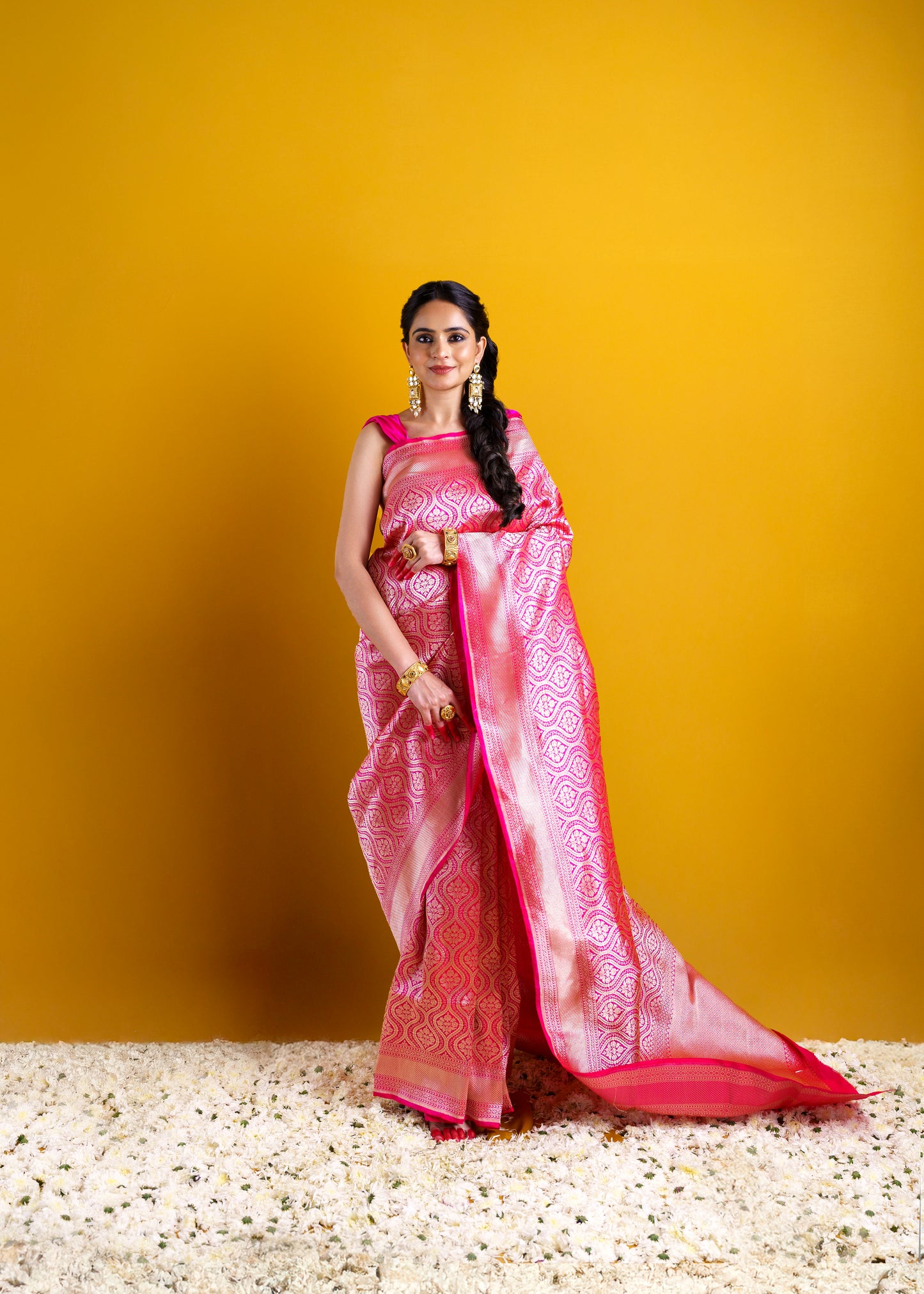 Pink full jaal kadhwa katan silk saree.