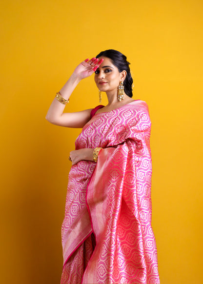 Pink full jaal kadhwa katan silk saree.