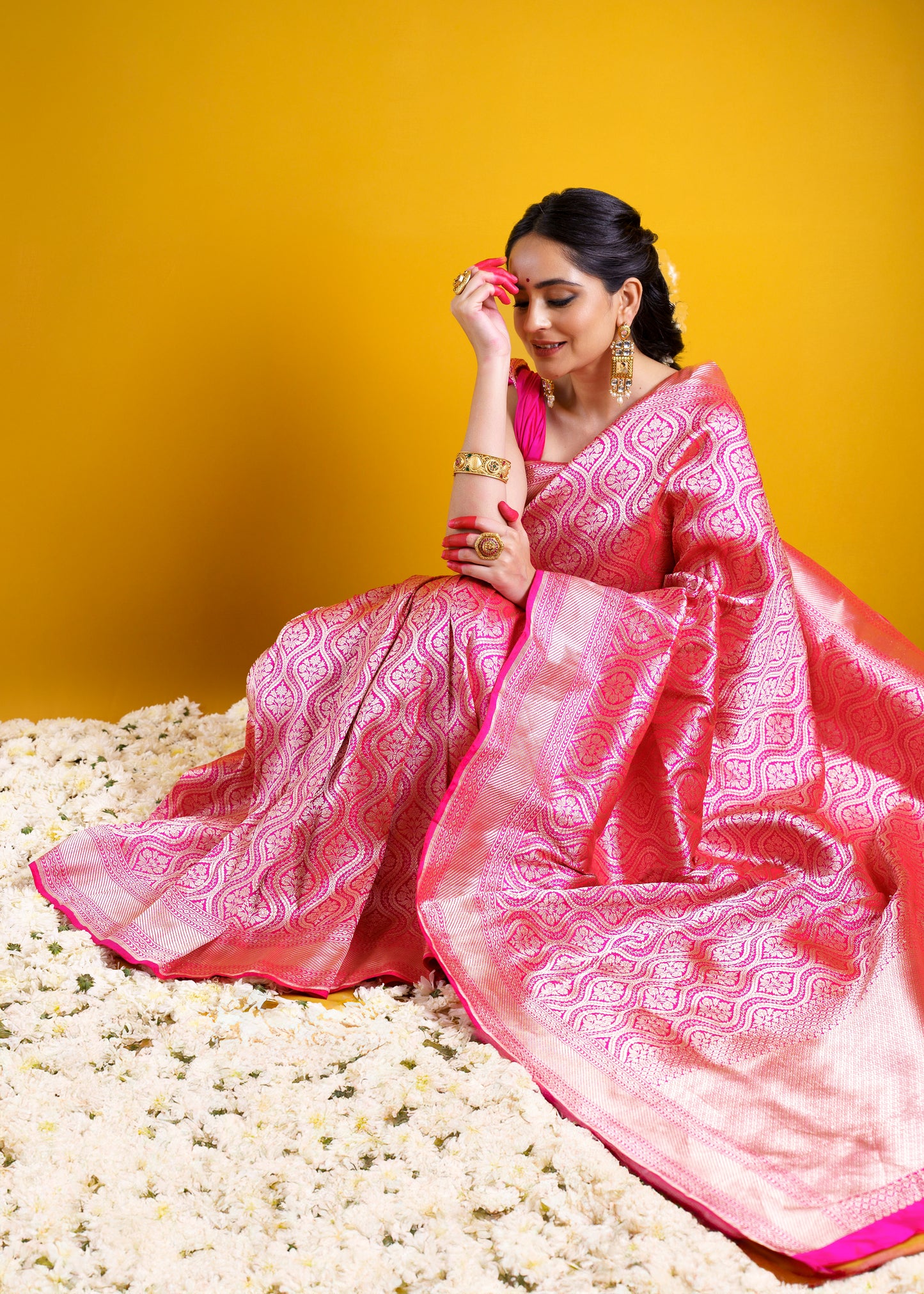 Pink full jaal kadhwa katan silk saree.