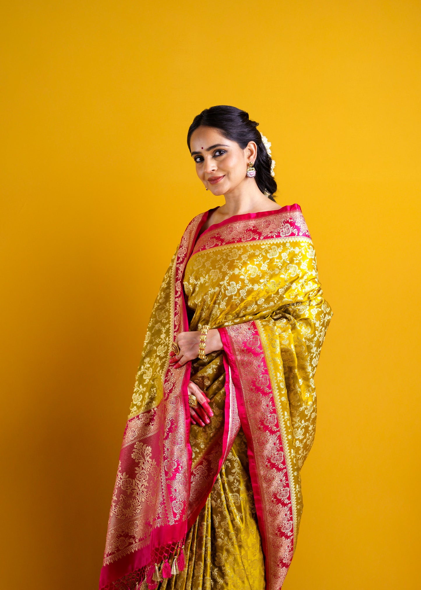 Mustard Pink Mashru silk Saree