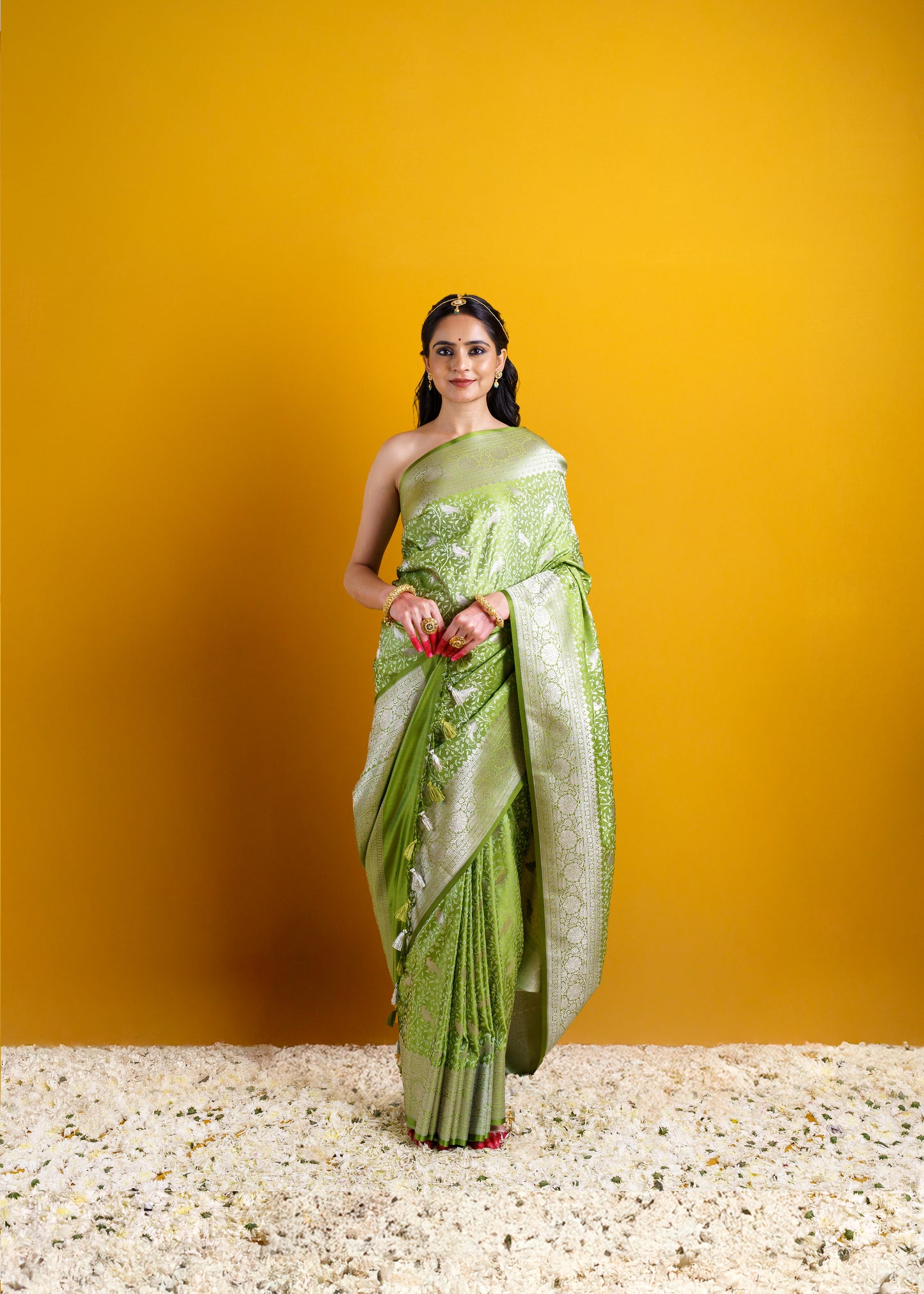 Green jaal weaving mashru silk saree.