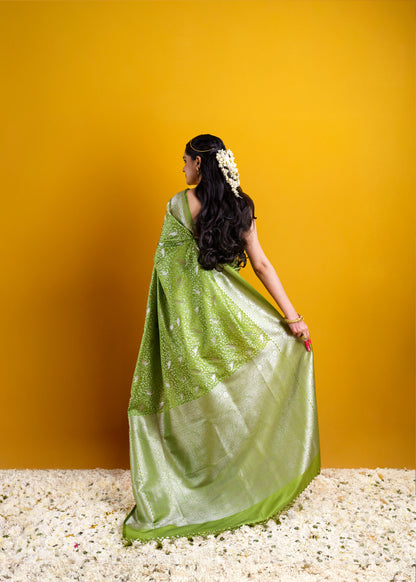 Green jaal weaving mashru silk saree.