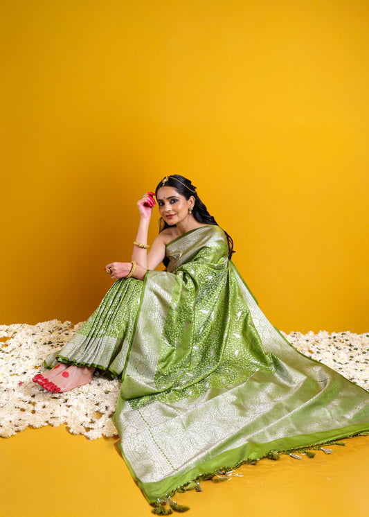 Green jaal weaving mashru silk saree.