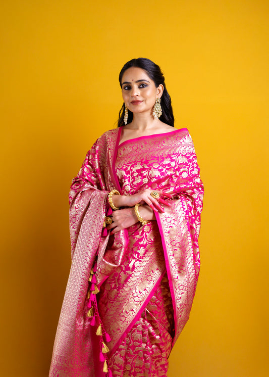 Pink Shikargahi Full Jaal weaving Saree