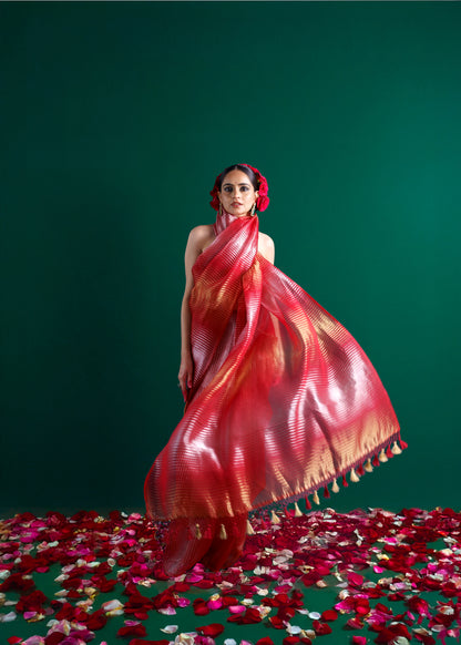 Red pure handloom kora tissue saree.