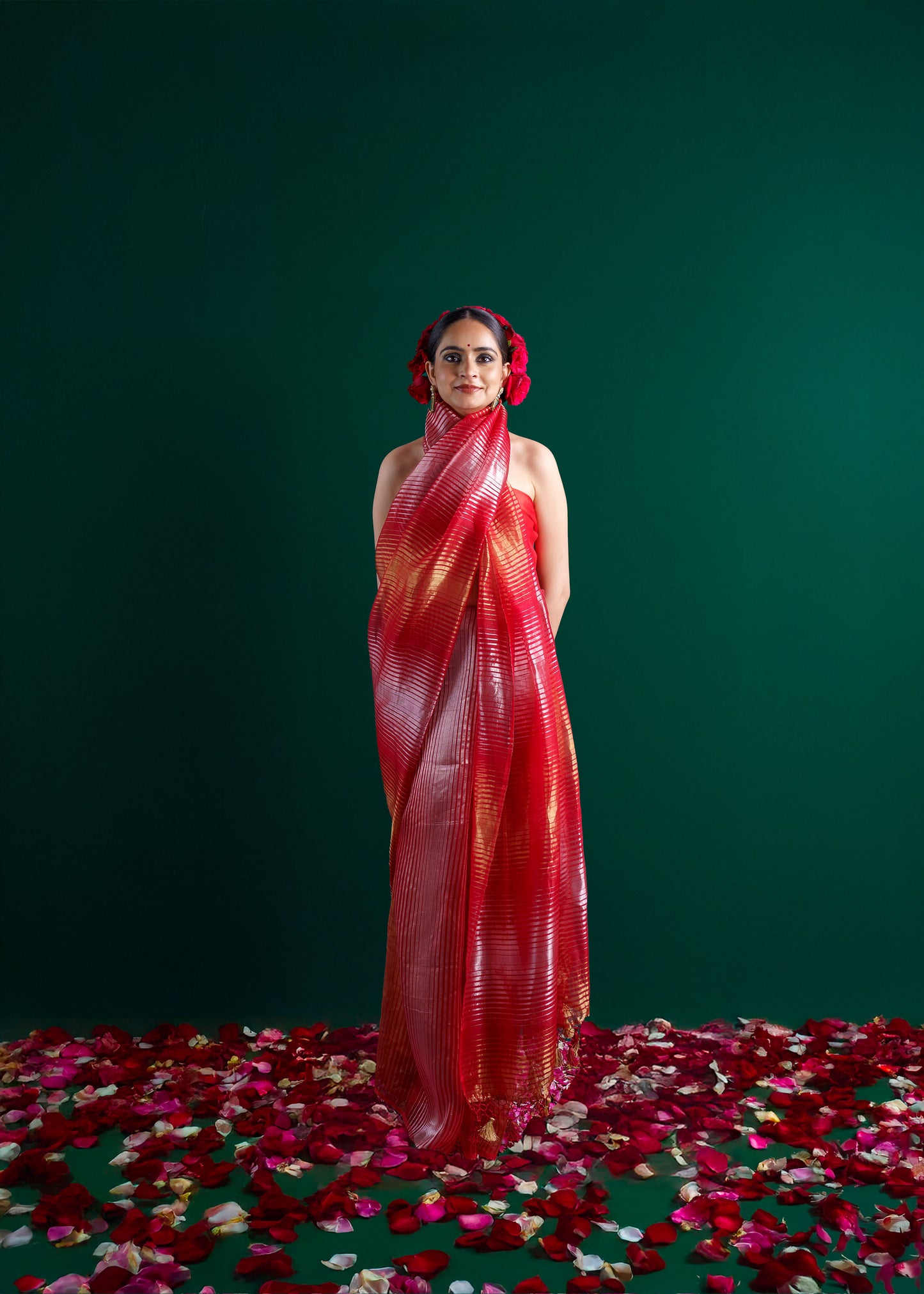 Red pure handloom kora tissue saree.