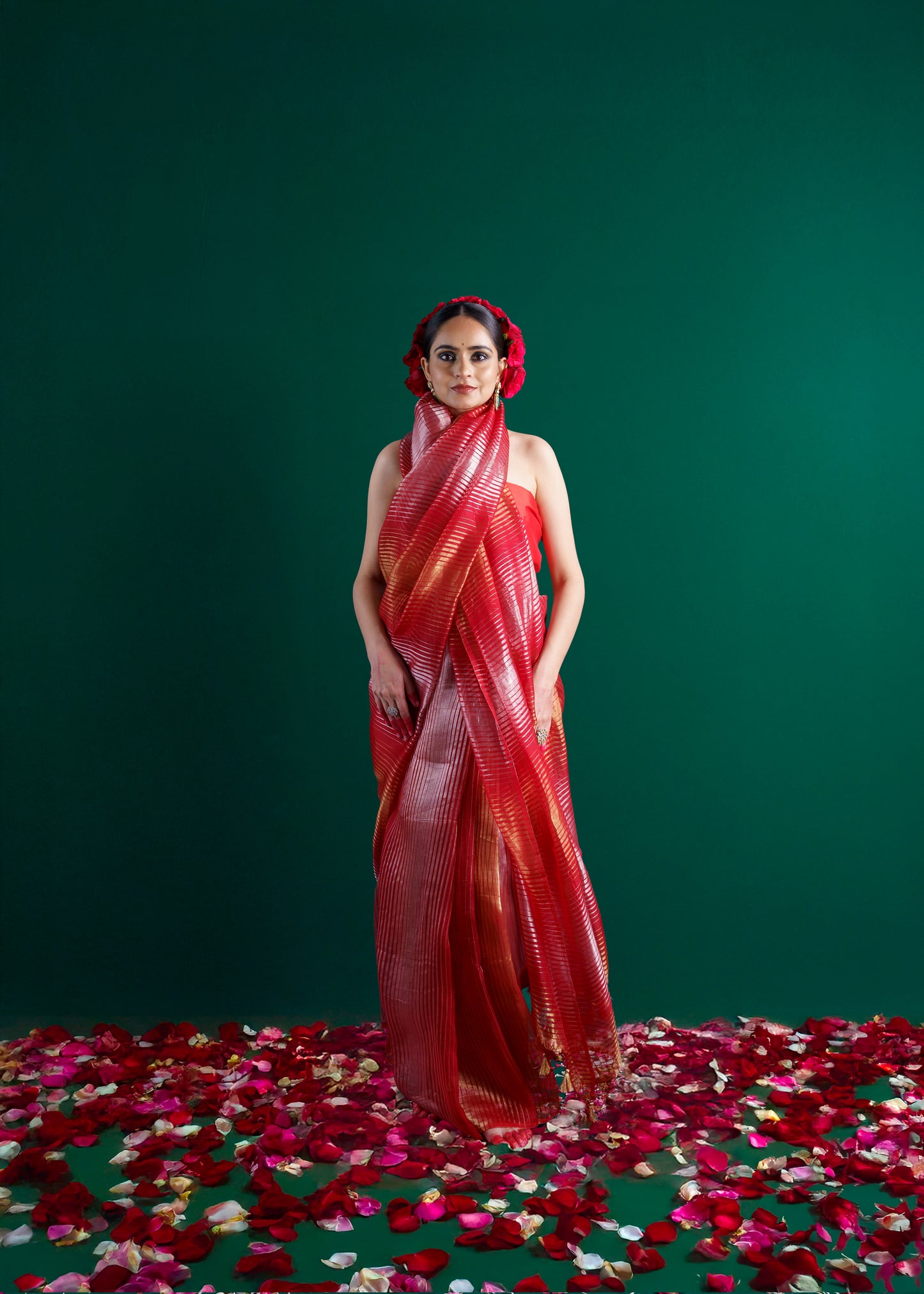 Red pure handloom kora tissue saree.