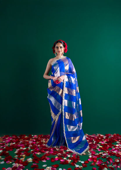 Blue pure handloom kora silk saree.