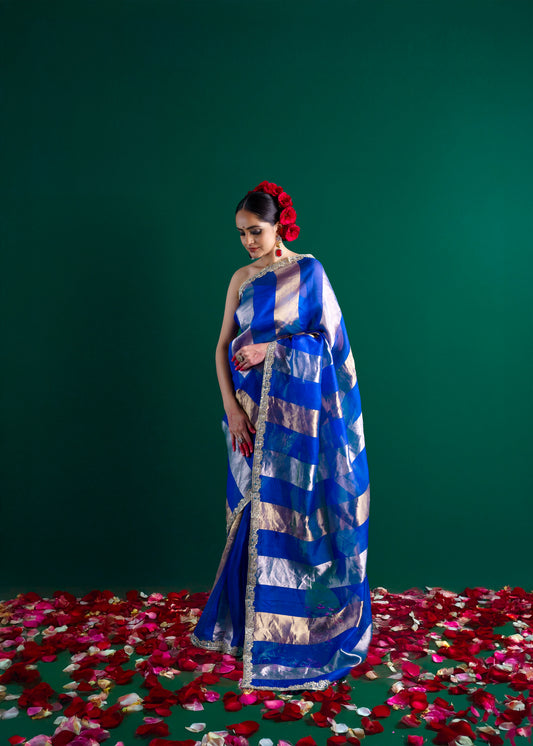 Blue pure handloom kora silk saree.