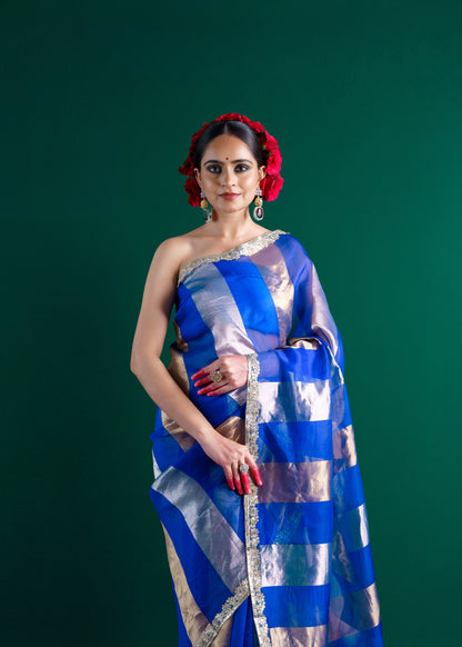 Blue pure handloom kora silk saree.