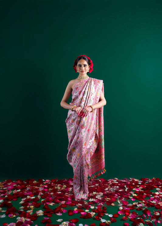 Pink tussar georgette tilfi weaving saree.