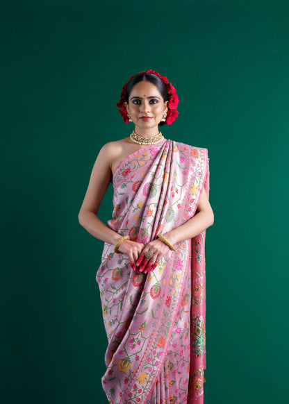 Pink tussar georgette tilfi weaving saree.