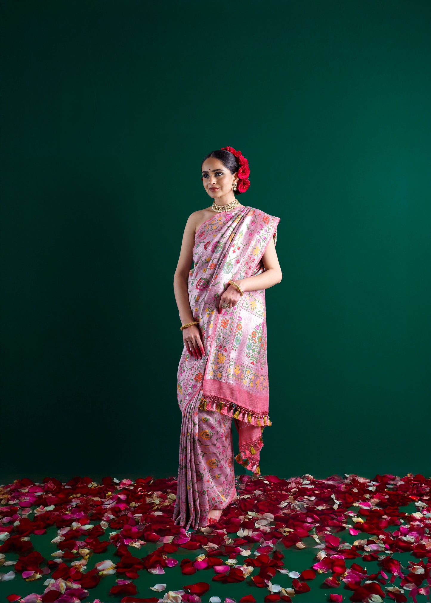 Pink tussar georgette tilfi weaving saree.