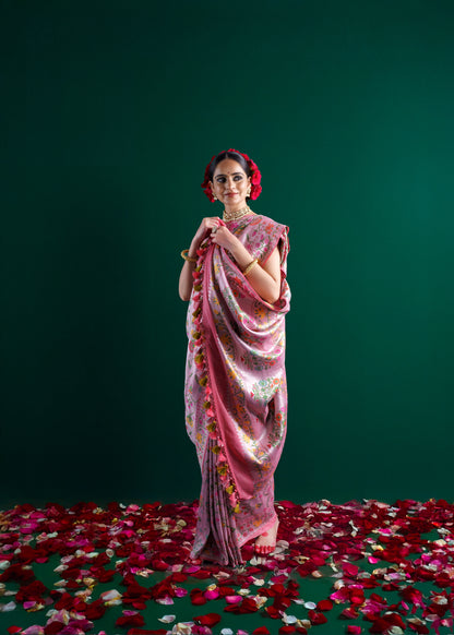 Pink tussar georgette tilfi weaving saree.