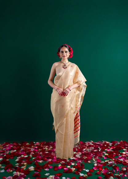 Beige pure meendar kadhwa tissue saree.