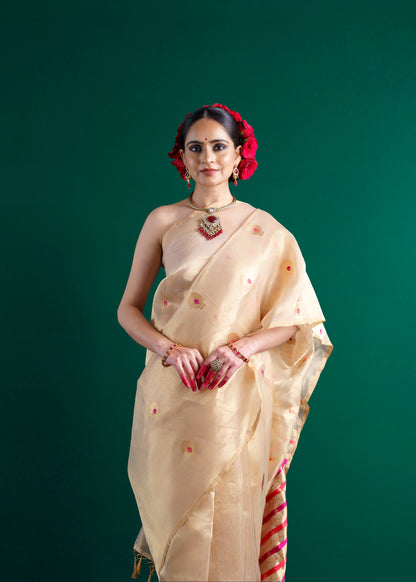 Beige pure meendar kadhwa tissue saree.