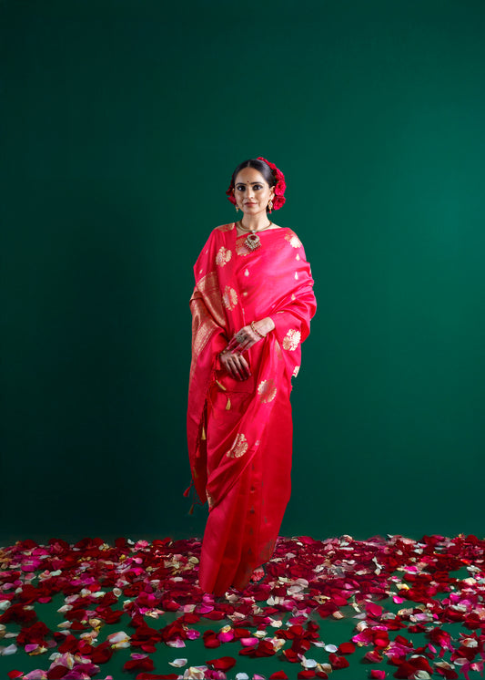 Red raw mango  silk saree with katan satin border