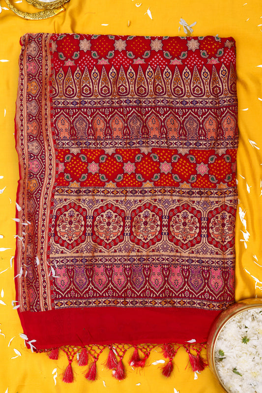 Red pure bandhani meendar tilfi weaving saree.