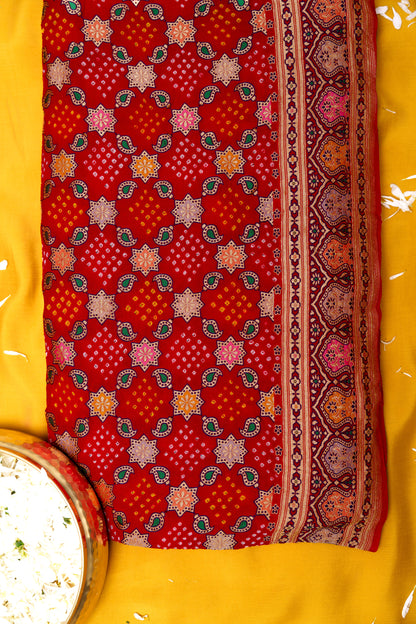 Red pure bandhani meendar tilfi weaving saree.