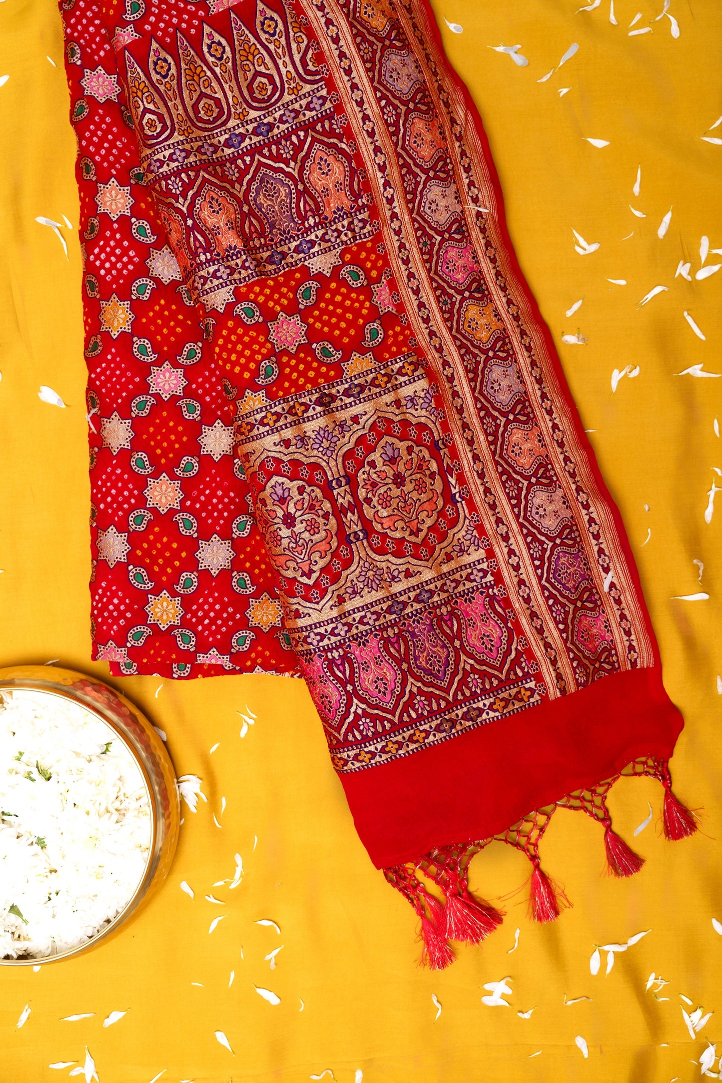 Red pure bandhani meendar tilfi weaving saree.