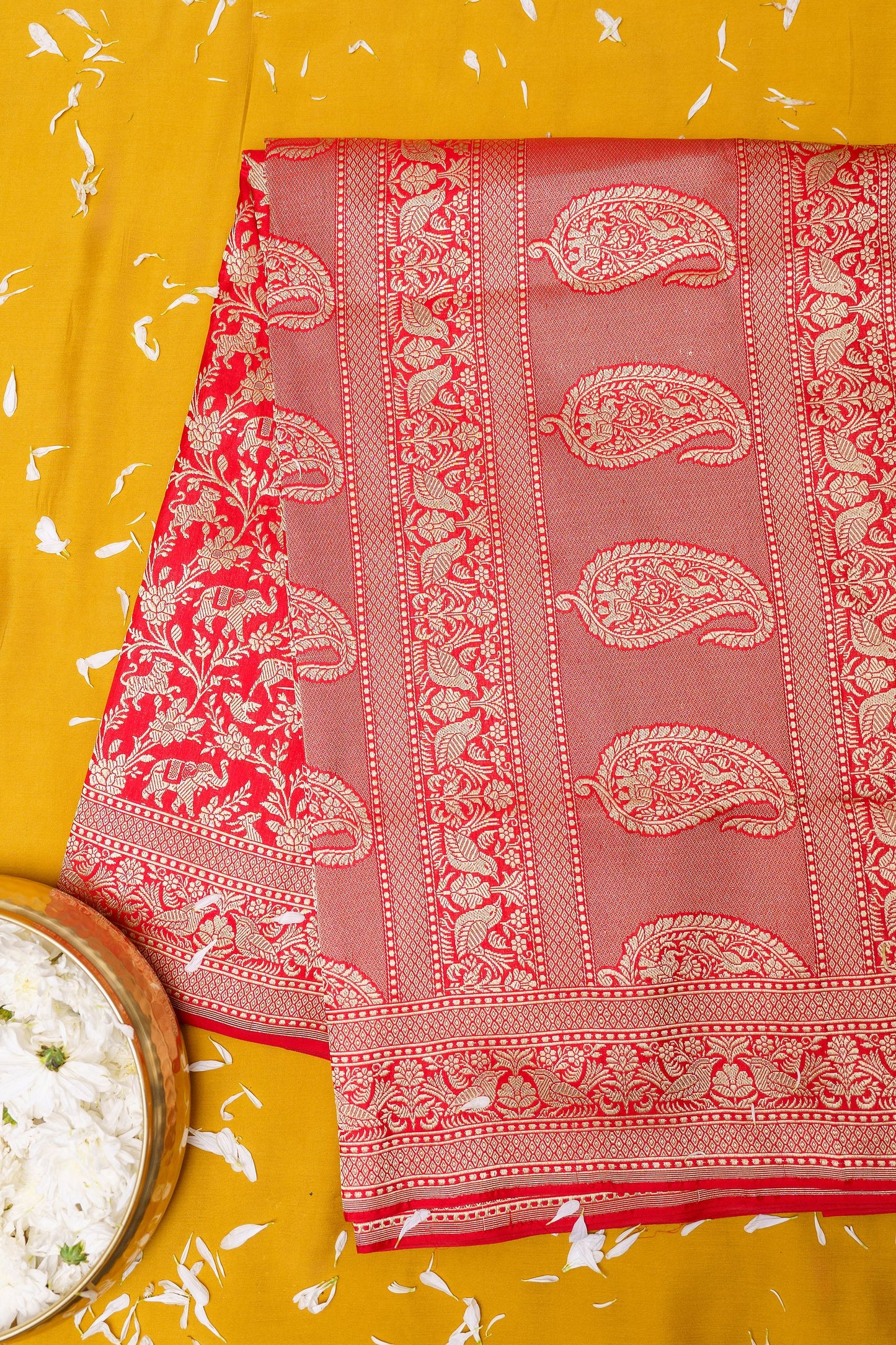 Red pure katan  shikargah pure silk saree