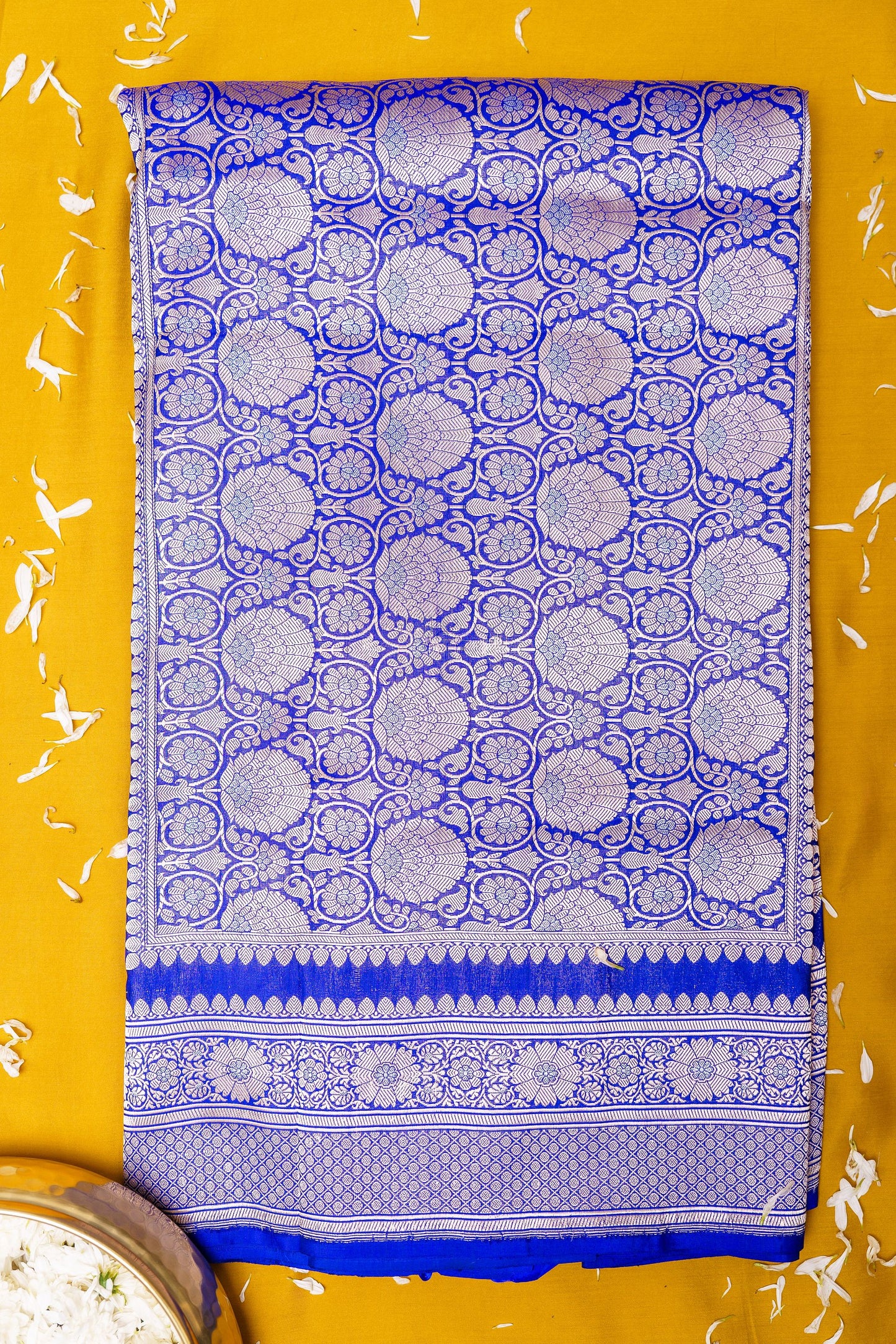 Blue katan silk full jaal kadhwa weave saree.