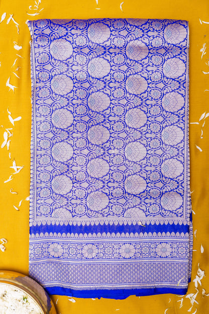 Blue katan silk full jaal kadhwa weave saree.