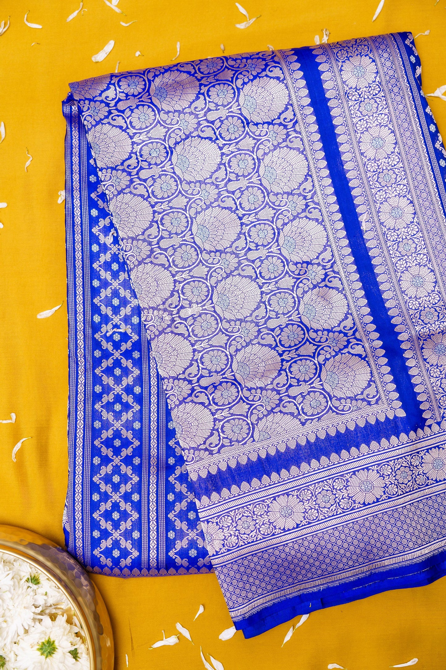 Blue katan silk full jaal kadhwa weave saree.