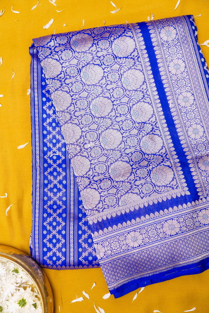 Blue katan silk full jaal kadhwa weave saree.