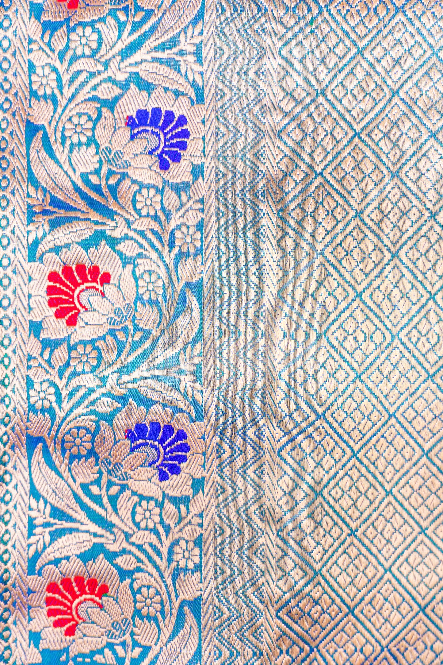 Blue dhoop chau katan silk saree.