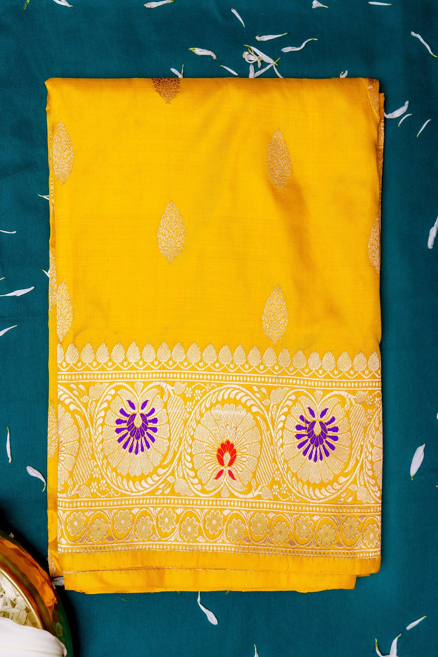 Yellow Meenadar booti katan silk saree