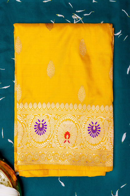 Yellow Meenadar booti katan silk saree