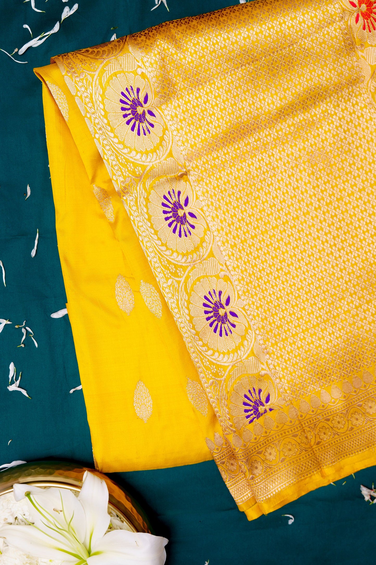 Yellow Meenadar booti katan silk saree