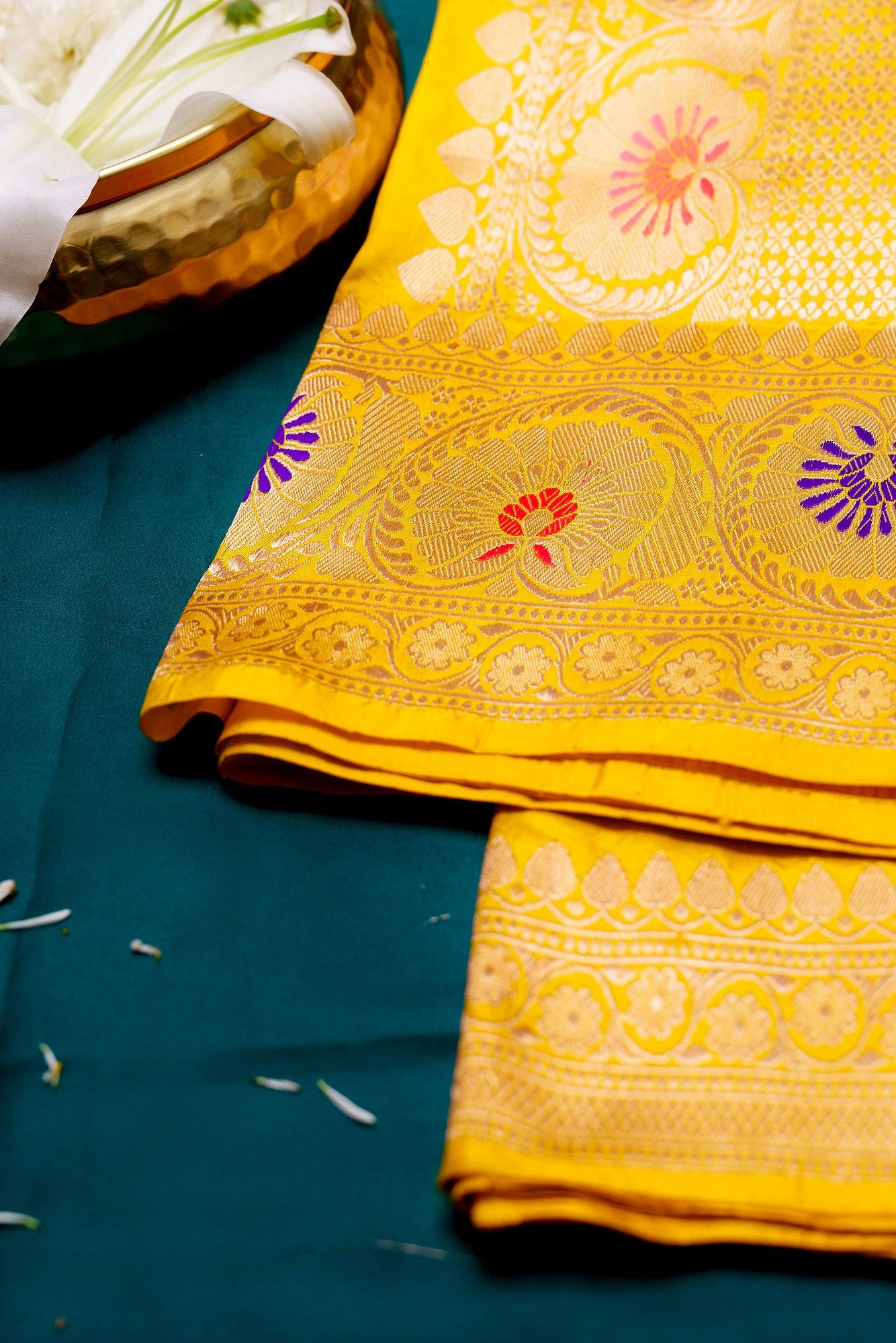 Yellow Meenadar booti katan silk saree