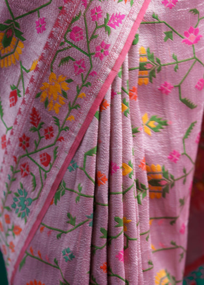 Pink tussar georgette tilfi weaving saree.