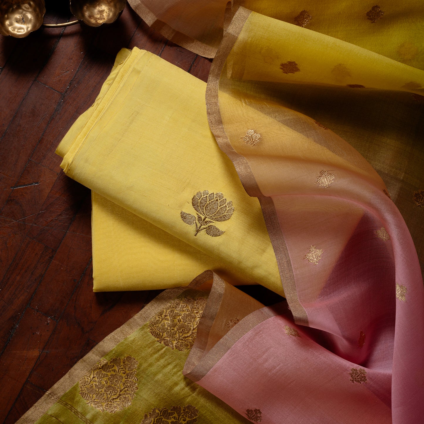 Yellow Pure Chiniya katan silk kadhwa booti , pure kora silk shaded dupatta, plain crepe  bottom