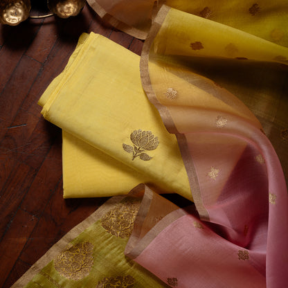 Yellow Pure Chiniya katan silk kadhwa booti , pure kora silk shaded dupatta, plain crepe  bottom