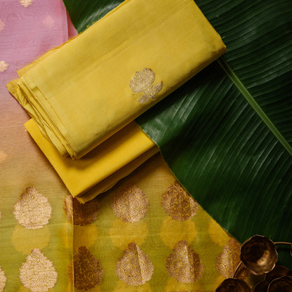 Yellow Pure Chiniya katan silk kadhwa booti , pure kora silk shaded dupatta, plain crepe  bottom