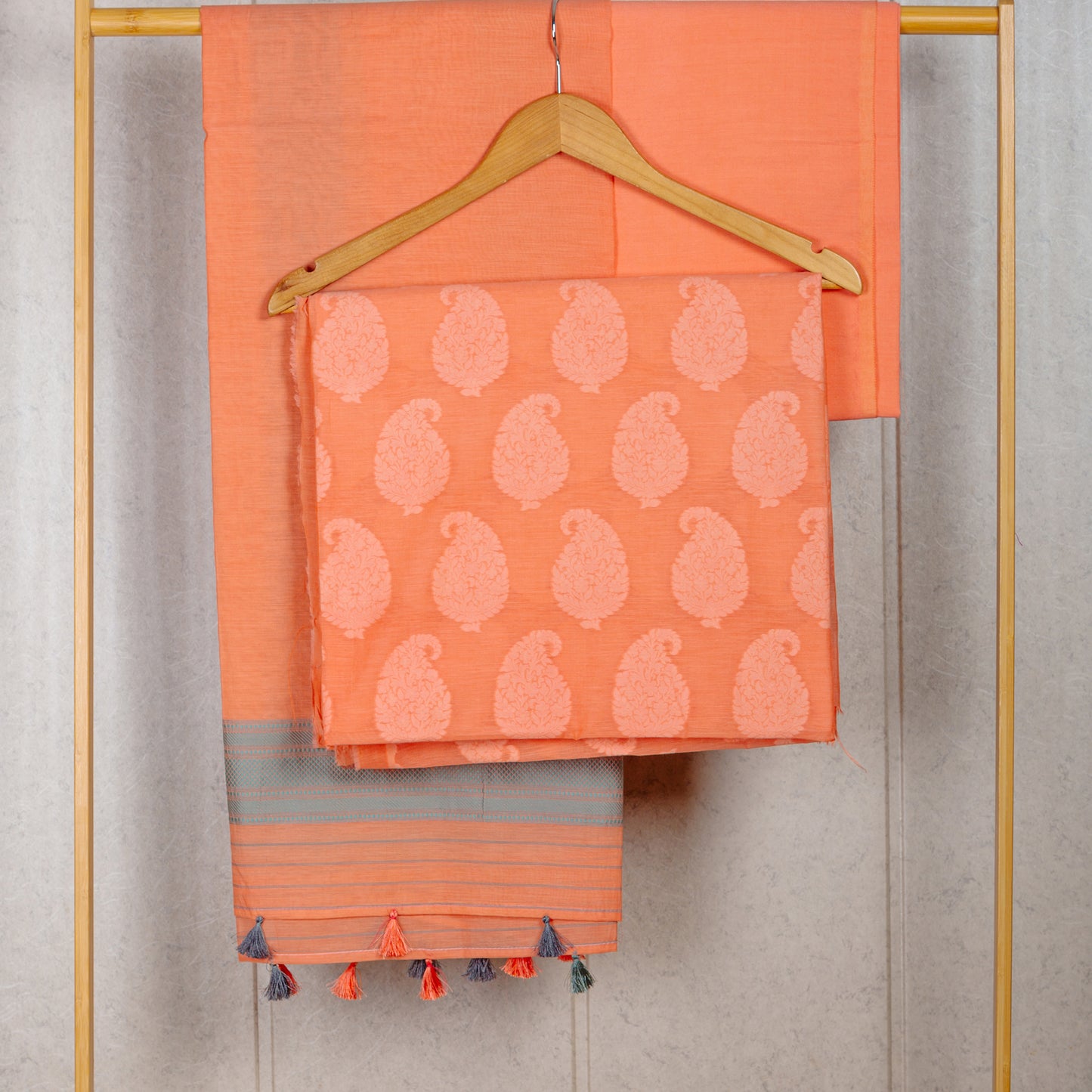 Peach Kairi design pure cotton weaving shirt and border dupatta, plain bottom