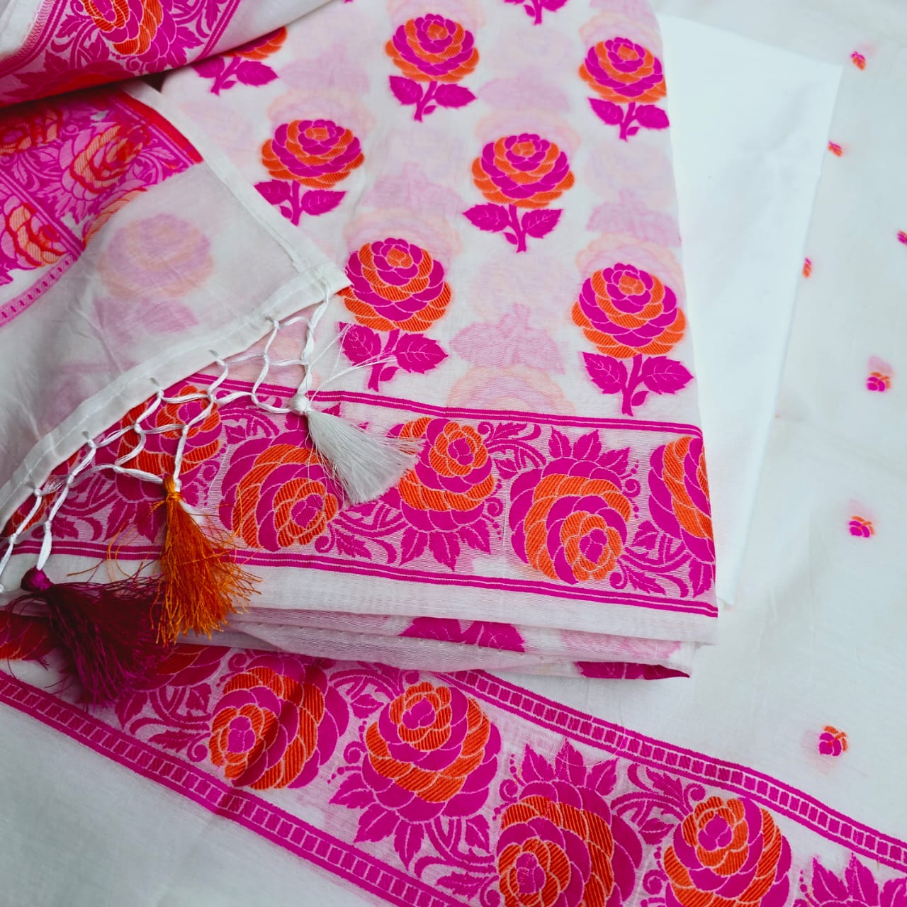 White base pink resham weaving full jaal kurta, dupatta and plain bottom