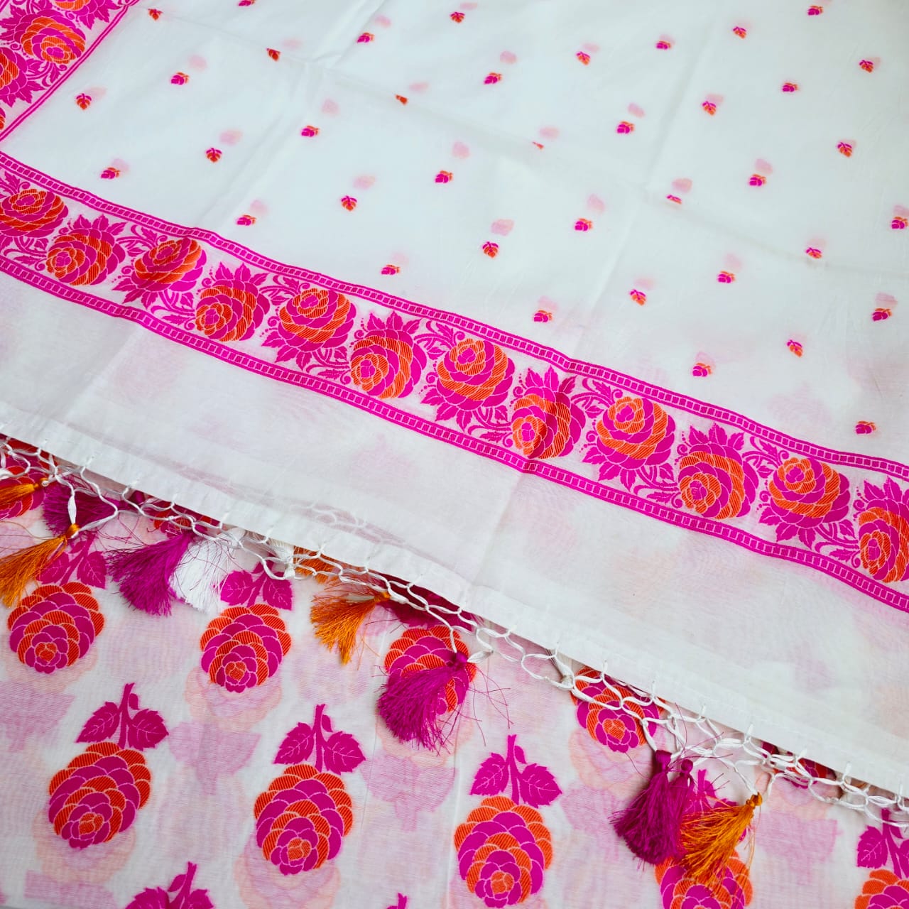 White base pink resham weaving full jaal kurta, dupatta and plain bottom