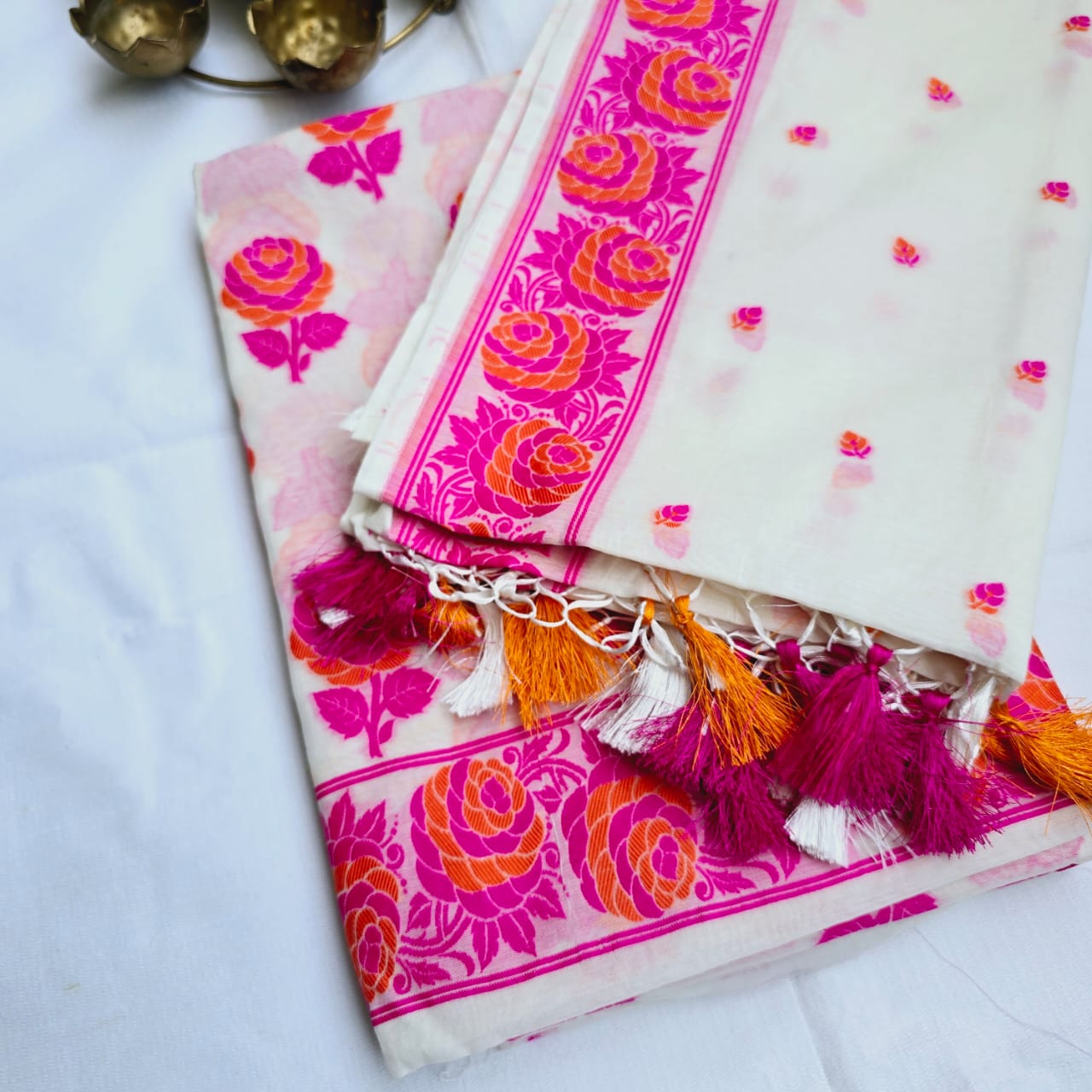 White base pink resham weaving full jaal kurta, dupatta and plain bottom