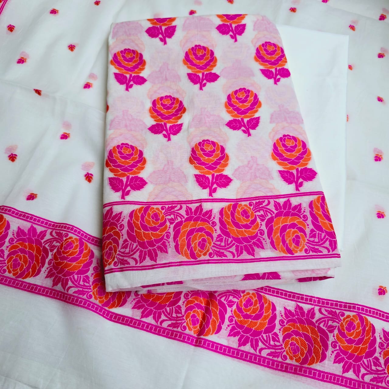 White base pink resham weaving full jaal kurta, dupatta and plain bottom