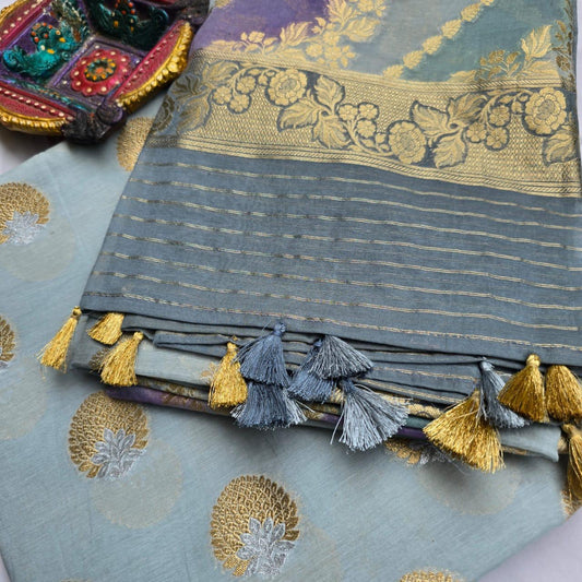 Grey Chanderi weaving kurta, rangkat weaving dupatta, plain bottom